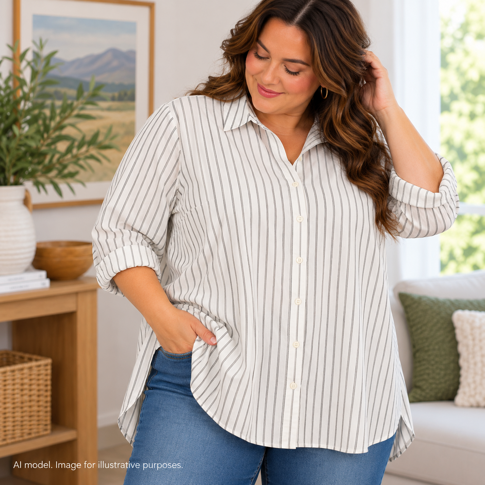 J Jill Shirt Women 2X White Black Stripe Cotton Stretch Career A-Line Split Hem